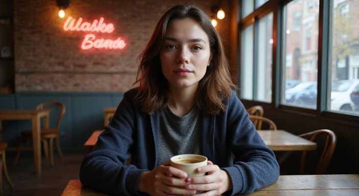 Een vrouw in een café geniet van een moment van contemplatie. Een vrouw in een café geniet van een moment van contemplatie.