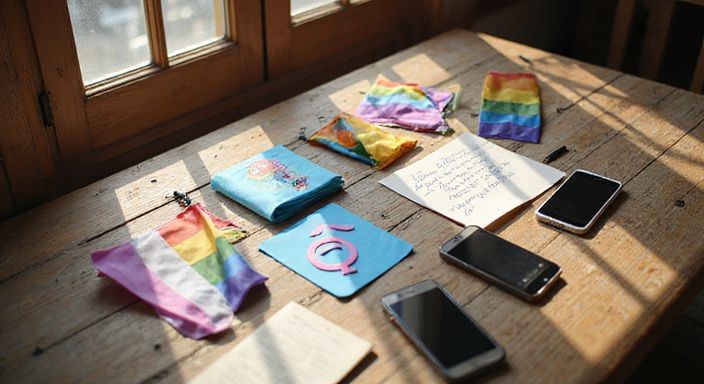 Een verzameling trotsvlaggen en LGBTQI+ symbolen op een houten tafel. Een verzameling trotsvlaggen en LGBTQI+ symbolen op een houten tafel.