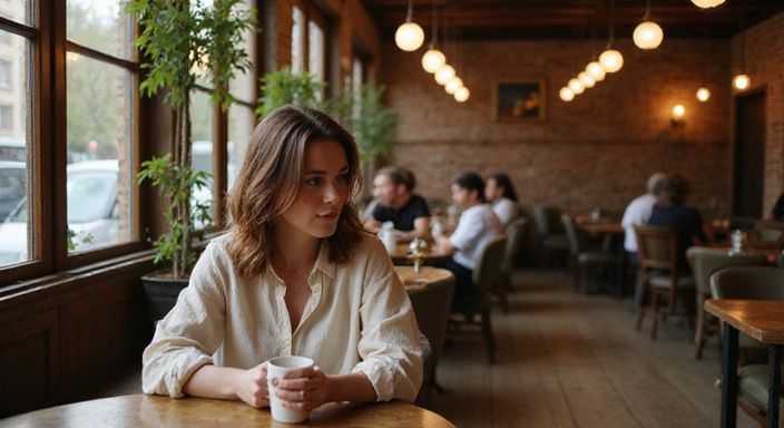 Een gezellige vrouw drinkt espresso in een vintage café. Een gezellige vrouw drinkt espresso in een vintage café.