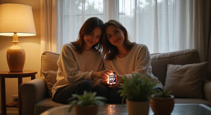 Twee vrouwen zitten samen op een versleten bank in een woonkamer. Twee vrouwen zitten samen op een versleten bank in een woonkamer.