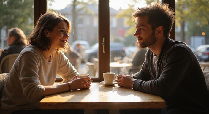 Twee volwassenen genieten van een intieme conversatie in een café. Twee volwassenen genieten van een intieme conversatie over transgender sexcontact Noord-Holland in een café.