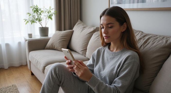 Een vrouw in een grijze sweater gebruikt geconcentreerd haar smartphone. Een vrouw in een grijze sweater gebruikt geconcentreerd haar smartphone.