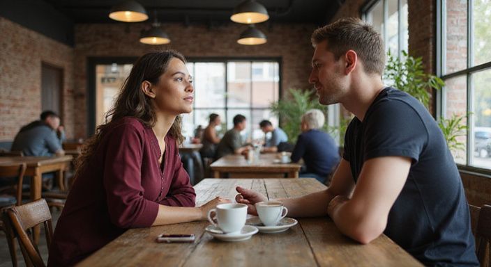 Twee volwassenen zitten samen in een café en converseren. Twee volwassenen zitten samen in een café en converseren.