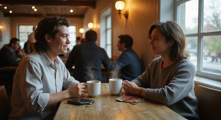 Twee volwassenen genieten van een intiem gesprek in een café. Twee volwassenen genieten van een intiem gesprek over transgender sexcontact Noord-Holland in een café.
