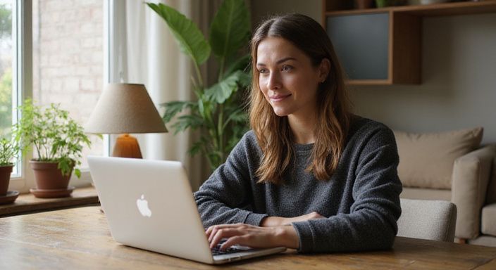 Een vrouw met hazelnootogen lacht terwijl ze aan haar laptop werkt. Een vrouw met hazelnootogen lacht terwijl ze aan haar laptop werkt.