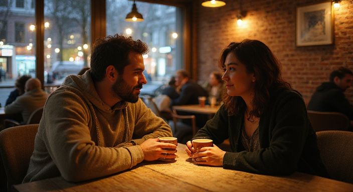 Twee volwassenen ontspannen in een intieme Nederlandse caféomgeving.