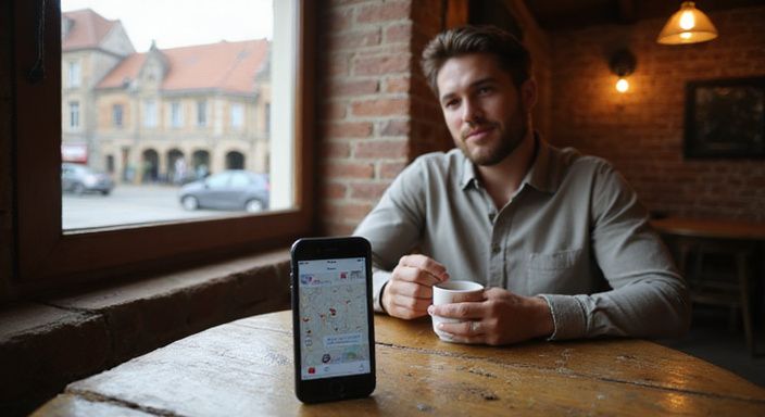 Een smartphone met een dating-app voor transgender sexcontact in Limburg op een houten tafel in een café.