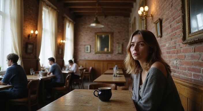 Een jonge vrouw zit alleen aan een tafel in een historisch café.