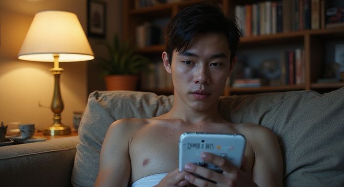 Een jongvolwassene kijkt geconcentreerd naar een datingapp op hun smartphone.