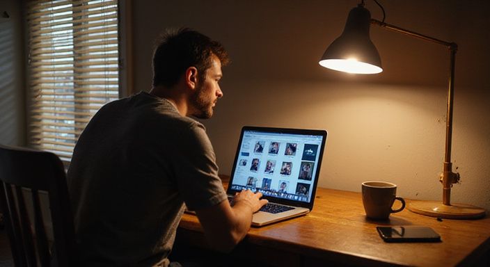 Een man onderzoekt datingprofielen voor transgender sexcontact in Limburg op zijn laptop in stilte.