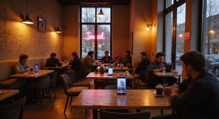 Een gezellige café-omgeving met ontspannen gasten en warme kleuren.
