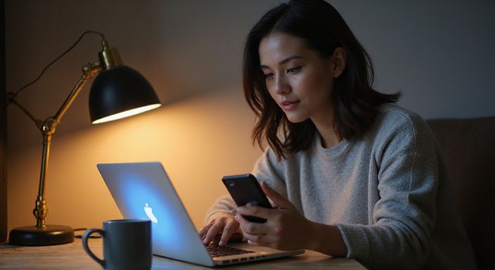 Een vrouw in de twintig concentreert zich op haar laptop.