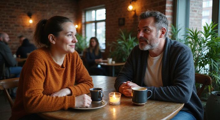 Twee volwassenen genieten van een ontspannen gesprek in een café. Twee volwassenen genieten van een ontspannen gesprek over transgender sexcontact in Noord-Brabant in een café.