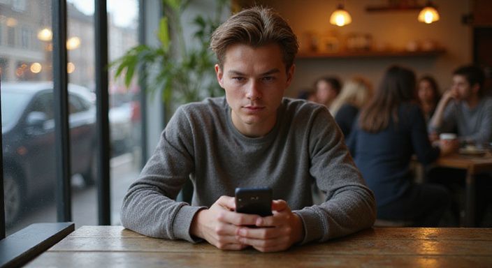 Een jongvolwassene bekijkt een datingapp in een café. Een jongvolwassene bekijkt een datingapp voor transgender sexcontact in Noord-Brabant in een café.