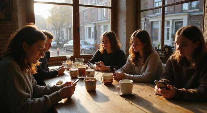 Een groep jonge volwassenen geniet van koffie en elkaar in een café. Een groep jonge volwassenen geniet van koffie en elkaar in een café.