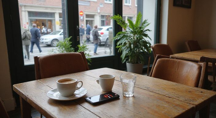 Twee houten caféstoelen met koffie en telefoon wachten op gezelschap. Twee houten caféstoelen met koffie en telefoon wachten op gezelschap.