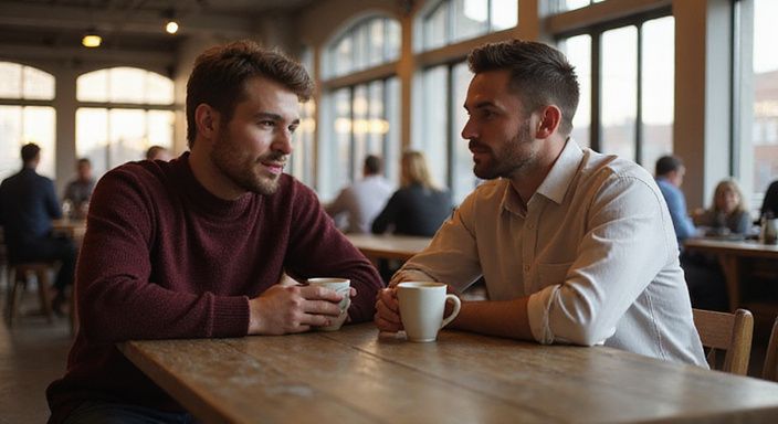 Twee jongeren genieten van koffie en gesprek in een stationscafé. Twee jongeren genieten van koffie en gesprek in een stationscafé.