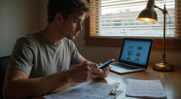 Een persoon leest geconcentreerd op hun smartphone aan een versleten bureau. Een persoon leest geconcentreerd op hun smartphone aan een versleten bureau.