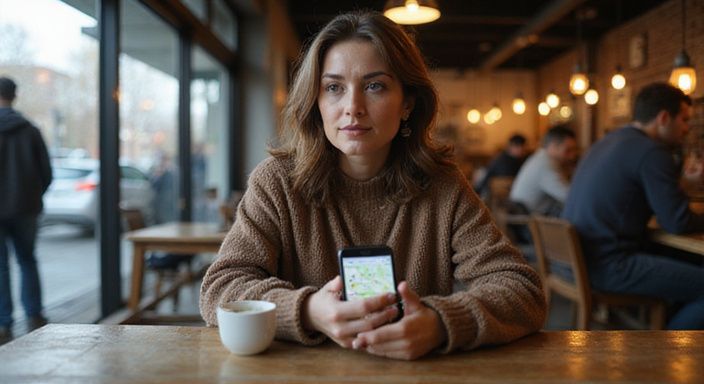 Een vrouw in een café kijkt geconcentreerd naar haar smartphone. Een vrouw in een café kijkt geconcentreerd naar haar smartphone.