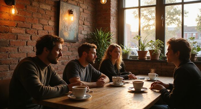 Café met volwassenen die ontspannen en authentiek met elkaar communiceren. Café met volwassenen die ontspannen en authentiek met elkaar communiceren.