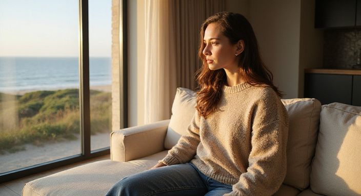 Een vrouw in een oversized trui zit ontspannen op een bank. Een vrouw in een oversized trui zit ontspannen op een bank.