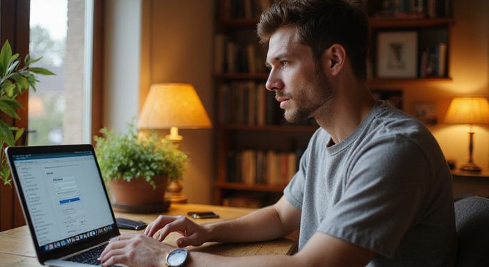 Een jonge persoon registreert zich op een datingsite vanuit hun thuiskantoor. Een jonge persoon registreert zich op een datingsite voor transgender sexcontact in Zeeland vanuit hun thuiskantoor.