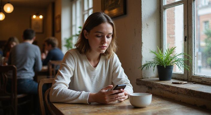 Een vrouw zit alleen in een café, kijkend naar haar smartphone