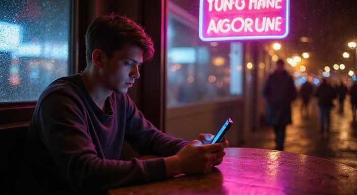 Een jonge persoon zit alleen in een café en gebruikt hun telefoon. Een jonge persoon zit alleen in een café en gebruikt hun telefoon.