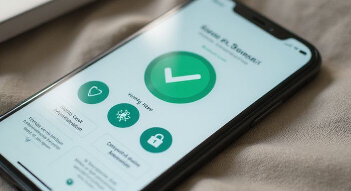 Een smartphone toont een gebruikersprofiel met gezondheidsinformatie en beveiligingssymbolen. Een smartphone toont een gebruikersprofiel met gezondheidsinformatie en beveiligingssymbolen.