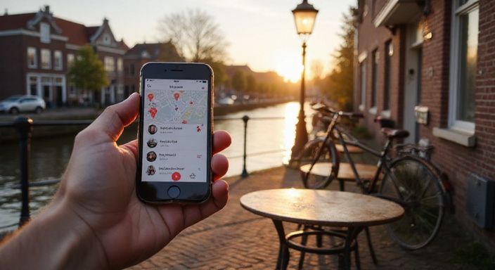 Een hand houdt een smartphone boven een schilderachtig Nederlands stadje. Een hand houdt een smartphone boven een schilderachtig Nederlands stadje.