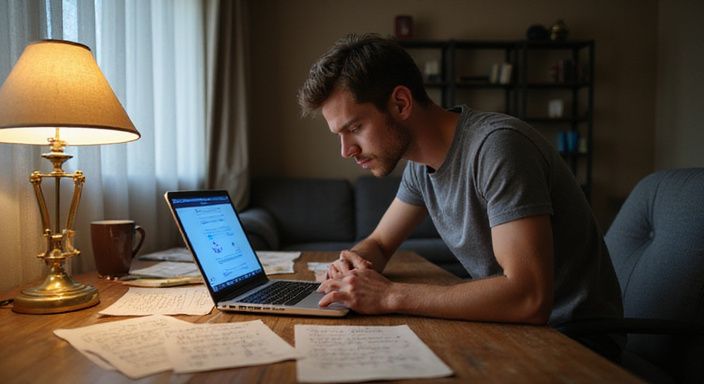 Een jonge volwassene werkt gefocust aan een datingapp op een laptop. Een jonge volwassene werkt gefocust aan een datingapp voor transgender sexcontact in Zuid-Holland op een laptop.
