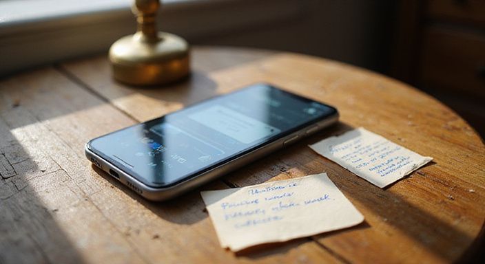 Een smartphone met datingapp en handgeschreven aantekeningen op een houten tafel. Een smartphone met datingapp en handgeschreven aantekeningen op een houten tafel.