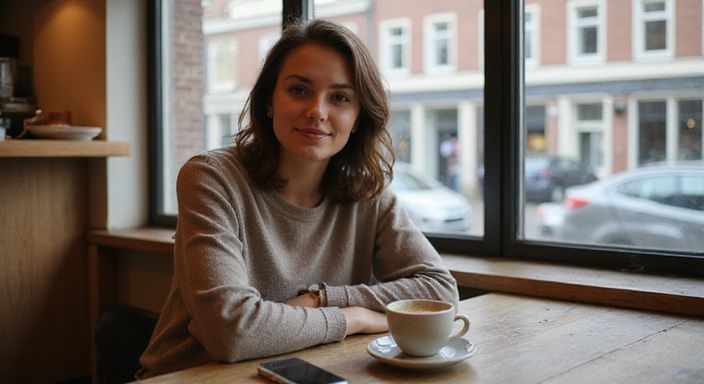 Een vrouw in een café geniet van haar koffie. Een vrouw in een café geniet van haar koffie en wil transgender sexcontact in Zuid-Holland.