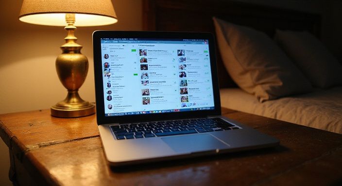 Een open MacBook Pro met een datingapp-interface op een houten bureau. Een open MacBook Pro met een datingapp-interface op een houten bureau.