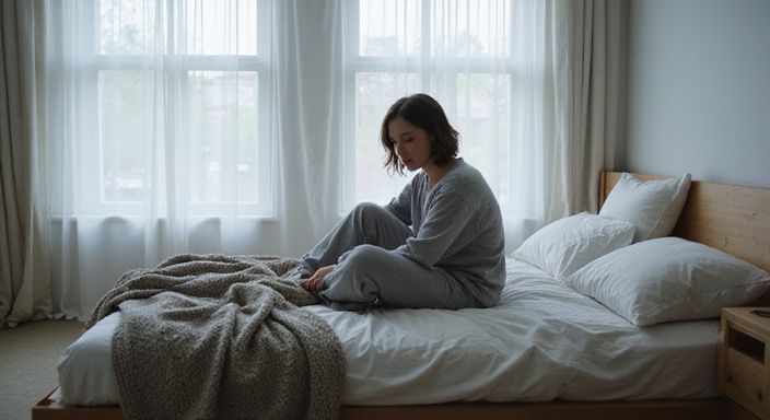 Een jonge volwassene zit contemplatief op een minimalistisch bed. Een jonge volwassene zit contemplatief op een minimalistisch bed.