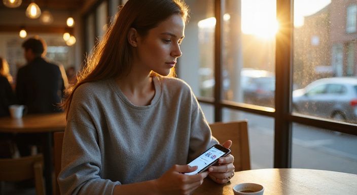 Een vrouw alleen in een café, verdiept in haar smartphone. Een vrouw alleen in een café, verdiept in haar smartphone.