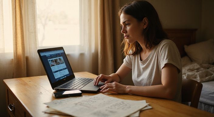 Een vrouw verdiept in onderzoek aan haar bureau met een laptop. Een vrouw verdiept in onderzoek aan haar bureau met een laptop.