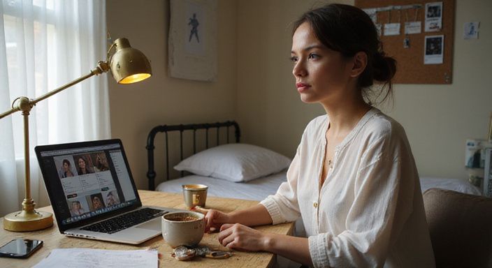 Een vrouw werkt gefocust aan haar laptop in een huiselijke kantoorruimte. Een vrouw werkt gefocust aan haar laptop in een huiselijke kantoorruimte.