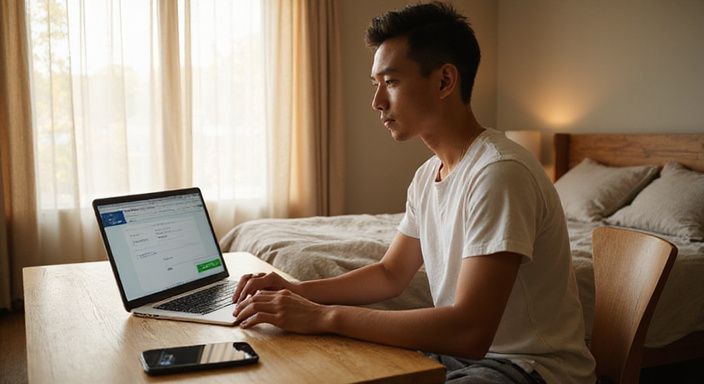 Een persoon typt geconcentreerd op een laptop in een slaapkamer. Een persoon zoekt op een laptop naar transgender sexcontact in Zuid-Holland.