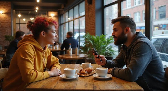 Twee jongeren ontmoeten elkaar in een café, met nervositeit en interesse. Twee jongeren ontmoeten elkaar in een café, met nervositeit en interesse.