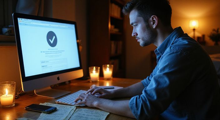 Een man werkt geconcentreerd aan zijn laptop met aantekeningen op tafel. Een man werkt geconcentreerd aan zijn laptop met aantekeningen op tafel.