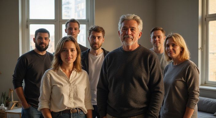 Een diverse groep mensen staat ontspannen samen in een appartement. Een diverse groep mensen staat ontspannen samen in een appartement.