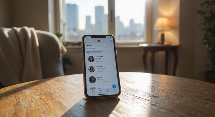 Een smartphone met een datingapp op een verweerd eiken tafel. Een smartphone met een datingapp voor transgender sexcontact in Zuid-Holland op een verweerd eiken tafel.