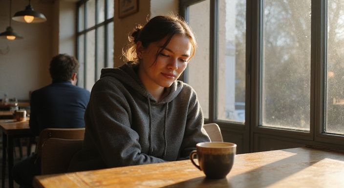 Een vrouw in een café, verdiept in gedachten met een koffiekop. Een vrouw in een café, verdiept in gedachten met een koffiekop.