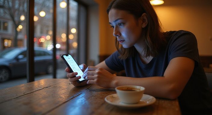 Een jonge persoon zit alleen in een café met een smartphone. Een jonge persoon zit alleen in een café met een smartphone.
