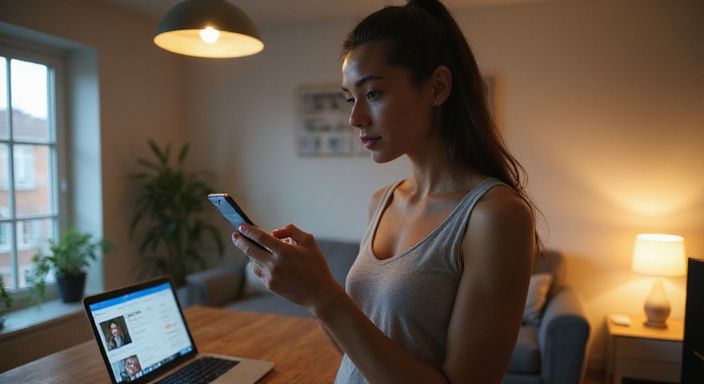 Een casual geklede vrouw kijkt geconcentreerd naar haar smartphone. Een casual geklede vrouw zoekt op haar smartphone naar shemale sexcontact in Vlaams-Brabant.