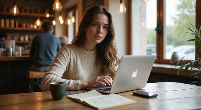 Een vrouw in een koffiehuis, verdiept in haar laptop en notities. Een vrouw in een koffiehuis, verdiept in haar laptop en notities.