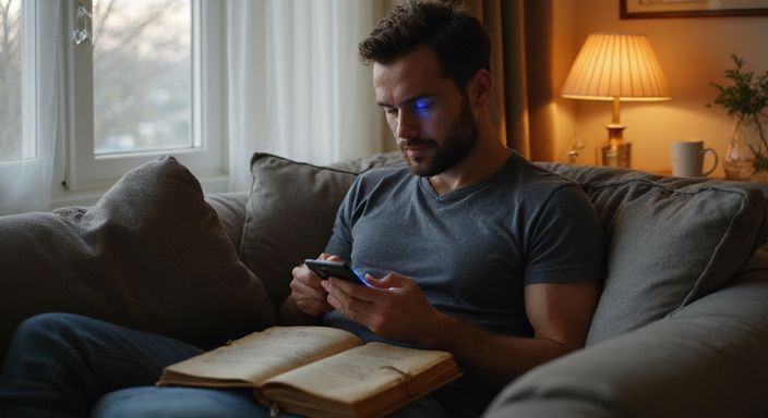 Een man op een bank verdiept in een datingapp op zijn smartphone.