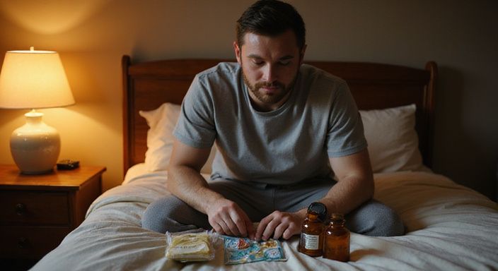 Een jonge man zit op bed en kijkt nadenkend naar toilettas.