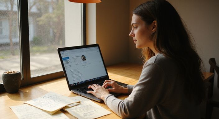 Een vrouw verdiept in onderzoek achter een houten bureau.
